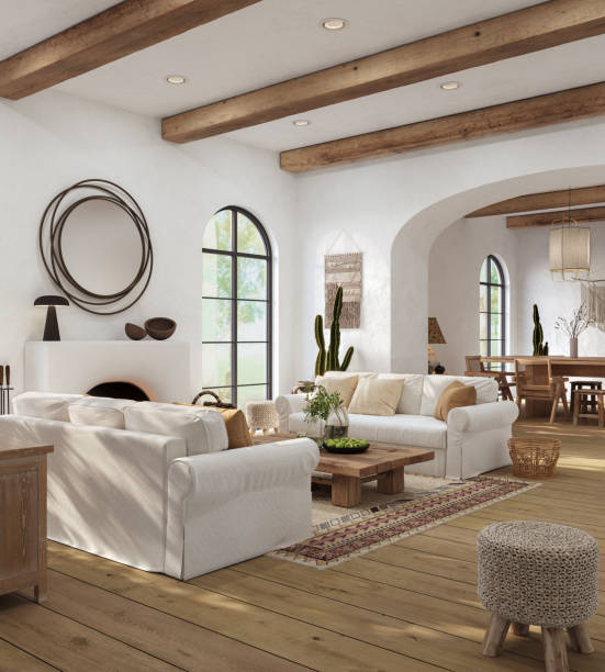 istock Wabi sabi living room interior with arch windows and fireplace, 3d render 2161584059
