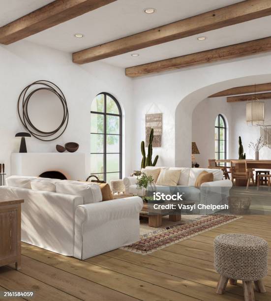 Wabi Sabi Living Room Interior With Arch Windows And Fireplace 3d