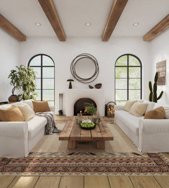 istock Wabi sabi living room interior with arch windows and fireplace, 3d render 2161584063