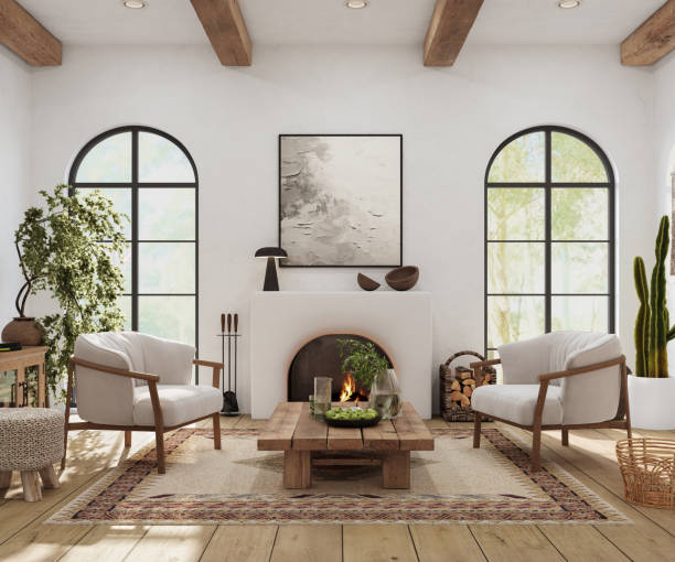 istock Wabi sabi living room interior with arch windows and fireplace, 3d render 2161584064
