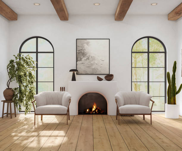 istock Wabi sabi living room interior with arch windows and fireplace, 3d render 2161584065