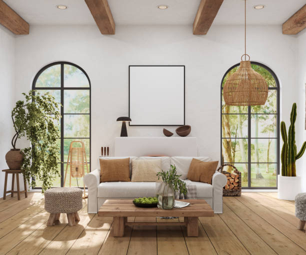 istock Wabi sabi living room interior with arch windows and fireplace, 3d render 2161584066
