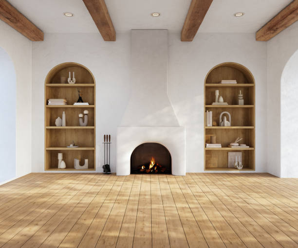 istock Wabi-sabi living room interior with arched shelves and fireplace, 3d render 2161584094