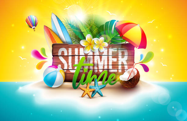 istock Summer Time Holiday Design with Flower, Tropical Palm Leaves and Beach Holiday Elements on Ocean Landscape Background. Vector Vacation Illustration with Typography Letter on Vintage Wood Board for Banner, Flyer, Invitation, Brochure, Poster or Greeting Ca 2161584131