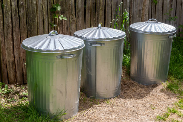 istock Three aluminium gargage bins standing in a garden 2161585455