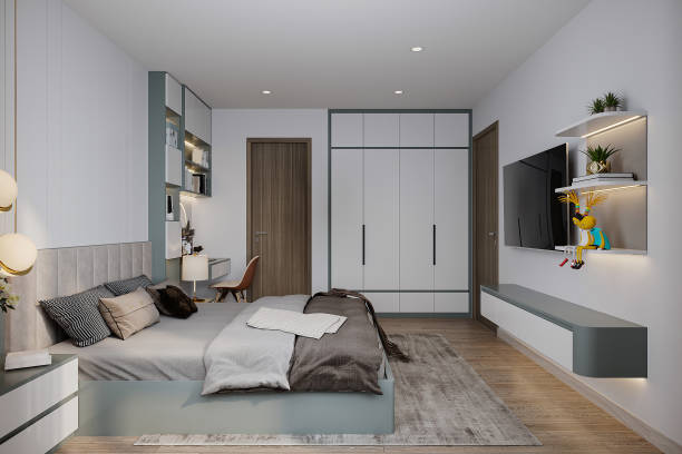 istock A sophisticated bedroom interior with bed, wall attached Almira, selves, and table. 2161586486