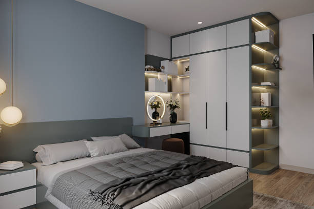 istock A wall-mounted mirror with attached LED light and shelves next to the bed and wardrobe 2161586522