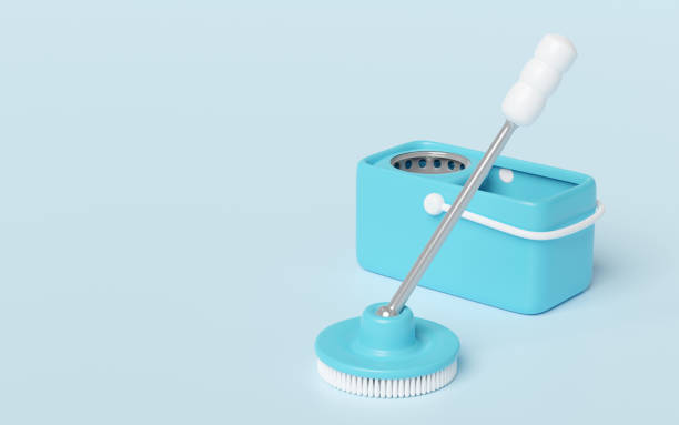 istock 3d clean floor mop with plastic bucket isolated on blue background. cleaning tool equipment, 3d illustration render 2161587477