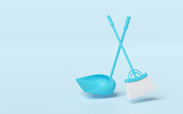 istock 3d cleaning broom and dustpan isolated on blue background. cleaning tool equipment, 3d illustration render 2161587499