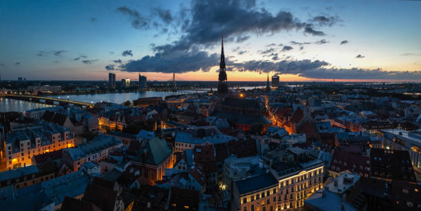 Riga city Latvia aerial view sunset night