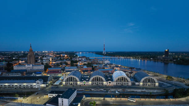 Riga city Latvia aerial view sunset night