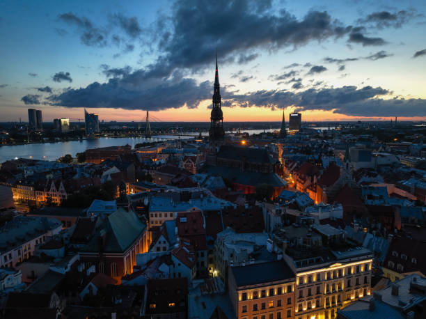istock Riga city Latvia aerial view sunset night 2161587972