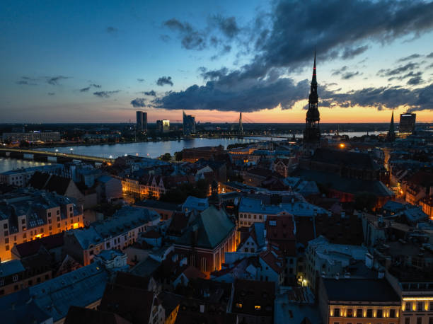 Riga city Latvia aerial view sunset night
