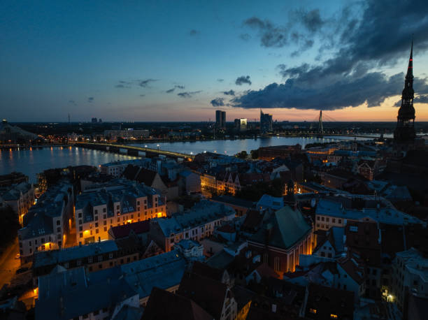 Riga city Latvia aerial view sunset night