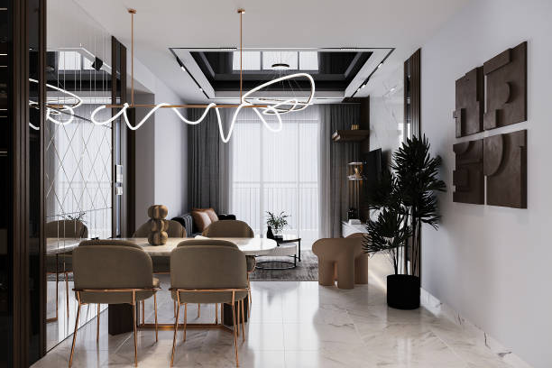 istock Simple and classic chandelier hanging over the dining behind mirror wall background. 2161588103