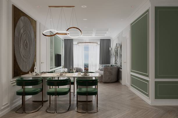 istock Neutral Dining room with green chairs, Texture wall painter on the wall, chandelier. 2161588544
