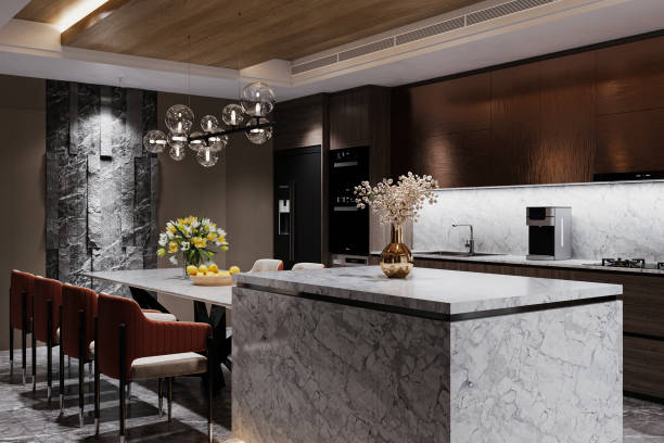 istock 3d rendering white marble kitchen counter and luxury kitchen with dining table and chairs. 2161588799