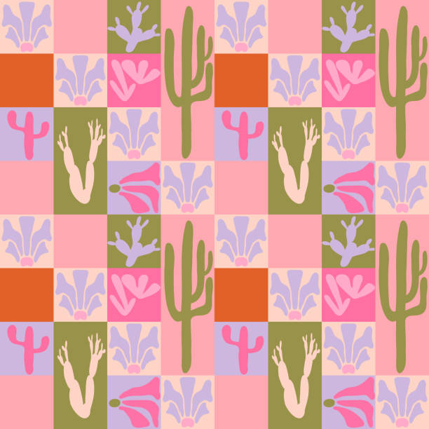 Desert Fauvist Style illustration. Art nouveau landscape panorama with cactus. Tile seamless pattern in groovy 60s 70s vibes.