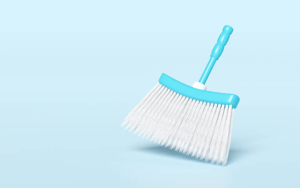 3d cleaning broom short isolated on blue background. cleaning tool equipment, 3d illustration render