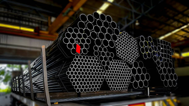 istock high quality steel pipes  in stack waiting for shipment in warehouse. Construction products on transport for industrial materials Construction engineering products.Steel group for industry material 2161590161