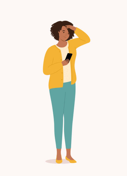 Black Woman Looking Distressed With Her Mobile Phone. Unknown Caller. Anonymous Call. Scam. One Black Woman Looking Distressed With Her Mobile Phone. Isolated On Color Background. sad woman thinking stock illustrations