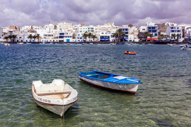 View over the Seafront Promenade at Arrecife  Lanzarote. Spain.  People can be seen on the promenade.