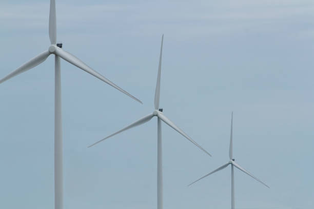 Three wind turbines synch up with each other against a clean, simple sky.