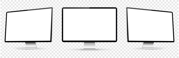 Three monitor with empty display, realistic set device screen mockup isolated on transparent background Three monitor with empty display, realistic set device screen mockup isolated on transparent background. Vector illustration. computer monitor stock illustrations