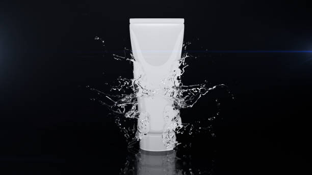 istock Closeup Slow motion Water splash from back Bootle Cosmetics Product object isolate on black background. 3D Render. 2161606546
