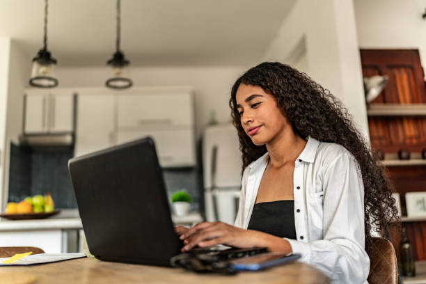 istock Young woman studying using laptop at home 2161608893