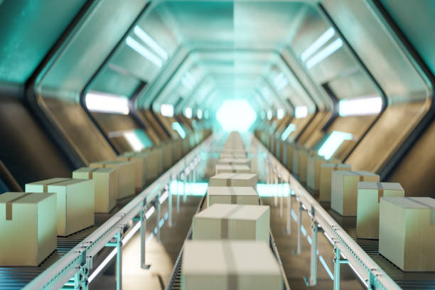 3d rendering of innumerable packed carton boxes placed one after other on rollers of multiple metal conveyors in futuristic logistic warehouse