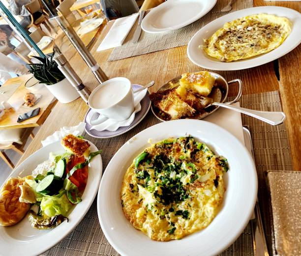 Morning breakfast. Breakfast Buffet. Scramble Eggs and salad.