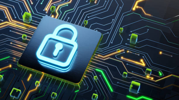 istock Digital security concept. Glowing lock 3d symbol on the abstract main cpu on circuit board with light trails as data streaming symbol 2161610105