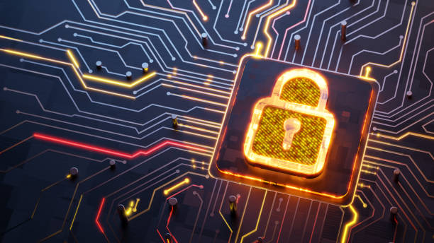 istock Digital data safety concept. Glowing lock 3d symbol on the abstract main cpu on circuit board with light trails as data streaming symbol 2161610143
