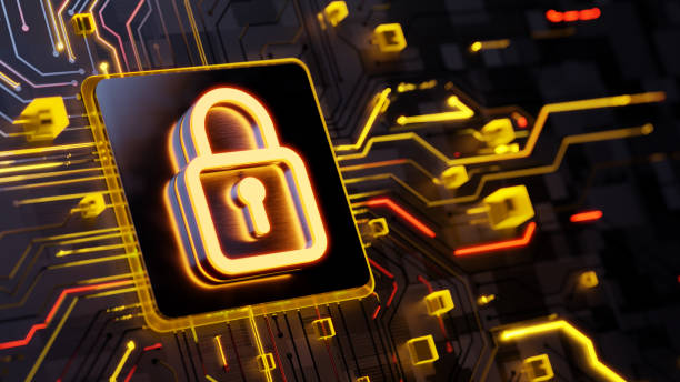 istock Digital data safety concept. Glowing lock 3d symbol on the abstract main cpu on circuit board with light trails as data streaming symbol 2161610177