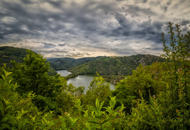 Saint-Étienne, France, A view of the Loire River valley near Saint-Etienne, France. Lush green trees and hills surround the meandering river.