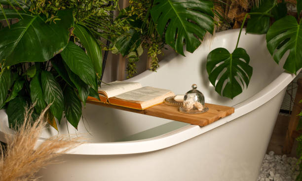 istock A white bathtub with water and a bath shoe 2161618818