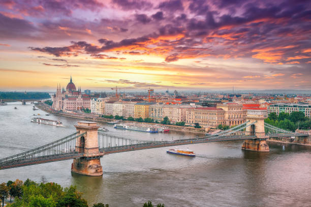 istock Budapest city evening scene. View at Chain bridge 2161630367