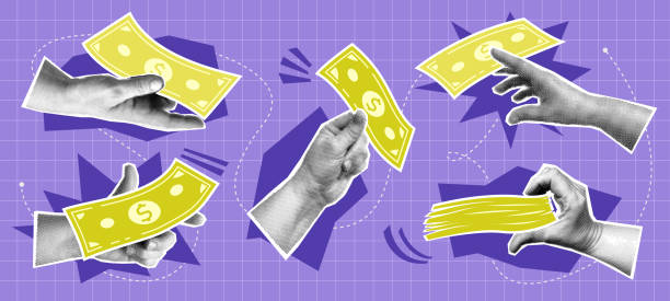 istock Collage with halftone hands, cash money and shapes 2161630595