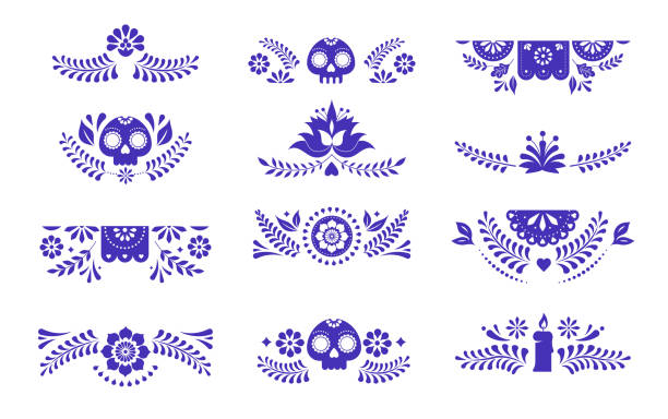 Mexican decorative frames and borders, colorful vector collection. Fiesta flowers, garlands, skulls corners, borders, frames. Vector illustrations