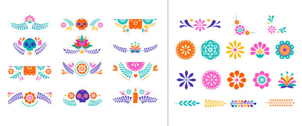 Mexican decorative frames and borders, colorful vector collection. Fiesta flowers, garlands, skulls corners, borders, frames. Vector illustrations