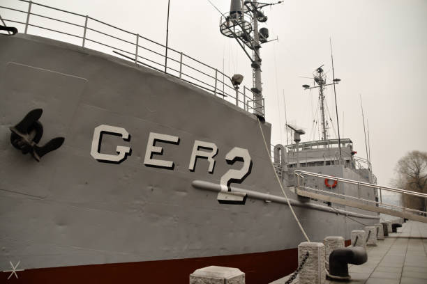 Navy Warship USS Cassin Young moored in dry dock one at Charleston Navy Yard in Boston, Mass