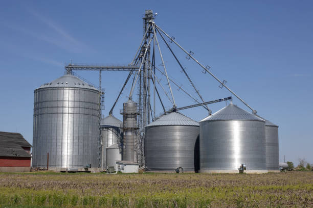 istock Corn or Grain bins on a farm. Elevators and grain legs direct corn supply to bins. On-farm bins let farmers store surplus. 2161644498