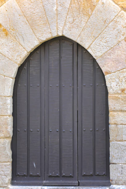 Extreme close-up of an old wooden door featuring oxidized forged iron studs with distinctive bread-like shapes, Pan de Muerto reminiscent of traditional Mexican symbolic forms. The weathered wood grain and corroded metal surfaces emphasize age, texture, and handcrafted detail, creating a powerful visual suited for cultural editorials, symbolic design concepts, heritage architecture, and high-impact texture backgrounds.