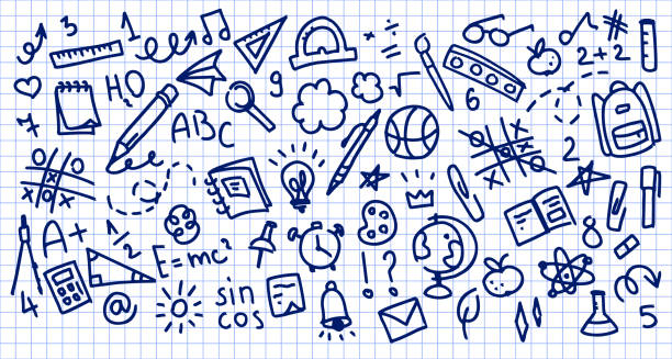 Back to school doodle hand drawn elements, vector set. Back to school doodle hand drawn elements, vector set. School supplies and creative elements isolated on white checkered background, school notebook. Cute illustration sketches, line stickers. ruler doodle stock illustrations