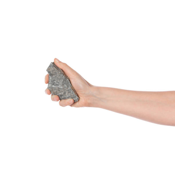 Hand holds a stone isolated on white background. Textured grey rock. Throw a stone.