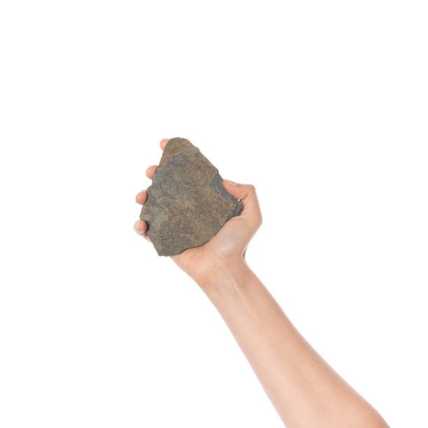 istock Hand holds a stone isolated on white background. Textured grey rock. Throw a stone. 2161657938