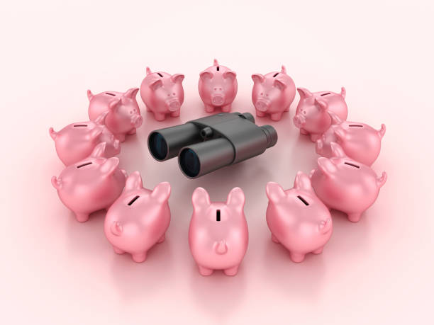 3D Binoculars with Piggy Bank - Colored Background - 3D Rendering