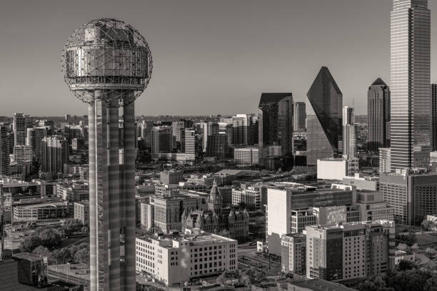 Beautiful downtown Dallas, Texas shot via helicopter from an altitude of about 500 feet at dusk on an early spring evening.