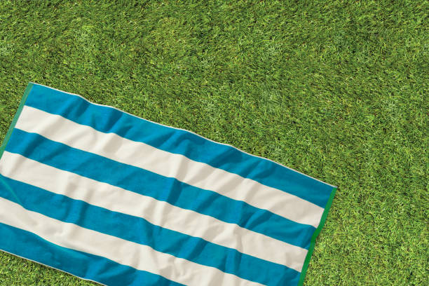Stripped blue and white beach towel on a grass lawn